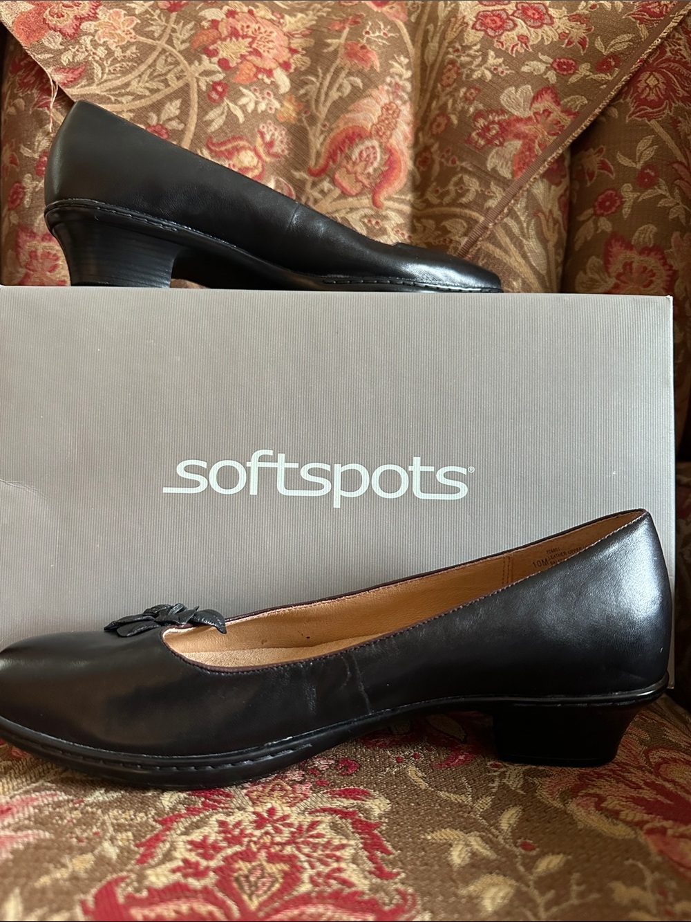 Softspots Black Leather Low Block Heel Flats with Bow Accent